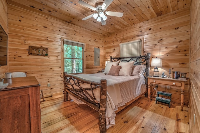 bedroom featuring light wood-style floors, wood ceiling, electric panel, and wooden walls