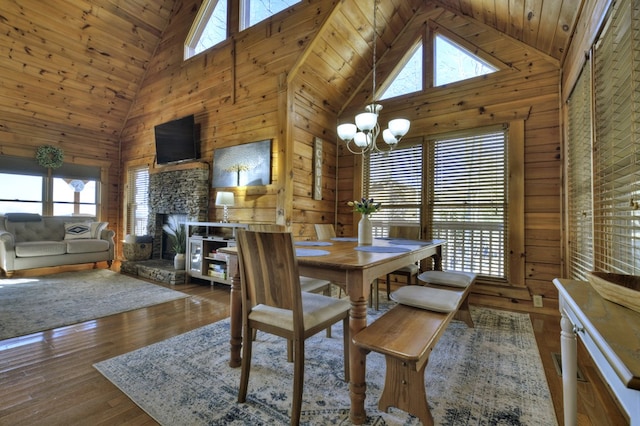 dining area with a chandelier, high vaulted ceiling, wood walls, and a fireplace