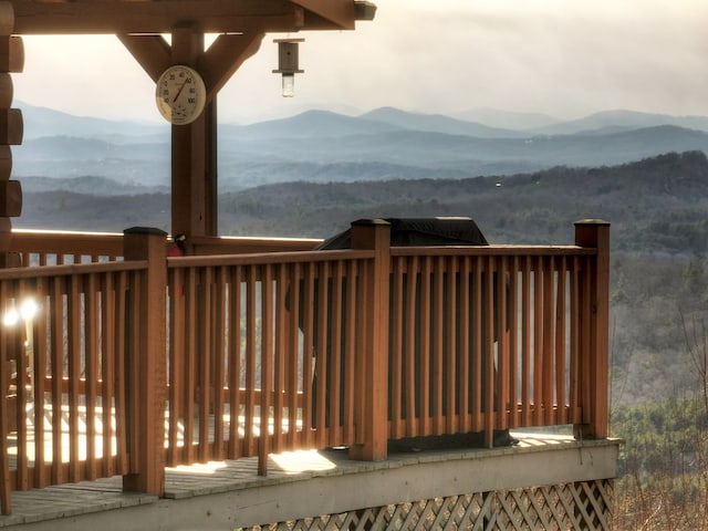 wooden deck with a mountain view