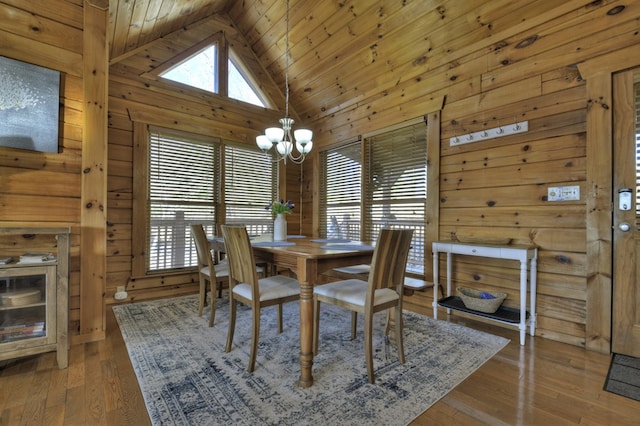 dining room featuring high vaulted ceiling, wood-type flooring, wooden walls, wood ceiling, and a chandelier