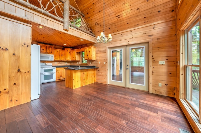 2429 Bullen Gap Rd, Blue Ridge, GA 30513 - kitchen featuring white appliances, french doors, dark countertops, dark wood-style floors, and healthy amount of natural light