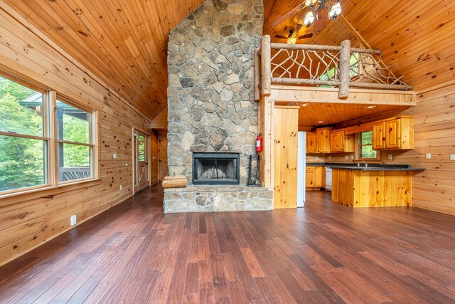 2429 Bullen Gap Rd, Blue Ridge, GA 30513 - unfurnished living room with high vaulted ceiling, wood ceiling, dark wood-style flooring, wood walls, and a fireplace