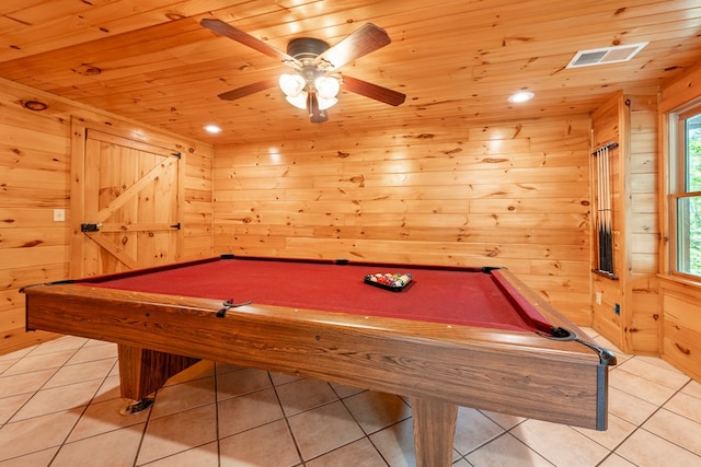 2429 Bullen Gap Rd, Blue Ridge, GA 30513 - rec room featuring wooden ceiling, pool table, wood walls, light tile patterned flooring, and ceiling fan