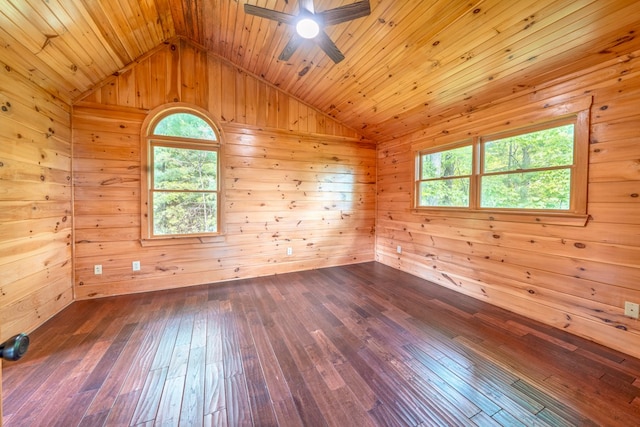 2429 Bullen Gap Rd, Blue Ridge, GA 30513 - spare room with lofted ceiling, ceiling fan, wooden walls, and dark wood-type flooring