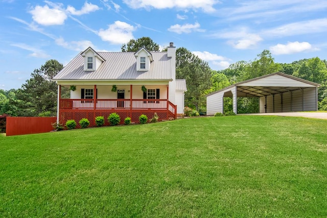 421 Burgess Rd, Ellijay, GA 30540 - cape cod home featuring covered porch, a chimney, driveway, metal roof, and a detached carport