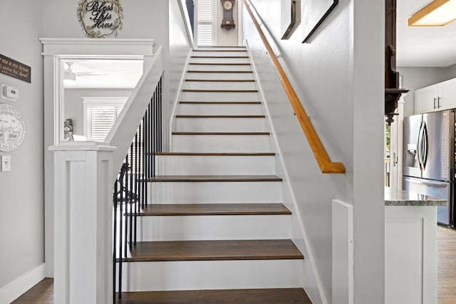 429 Sneaking Creek Dr, Hayesville, NC 28904 - stairway with a ceiling fan, wood finished floors, and baseboards