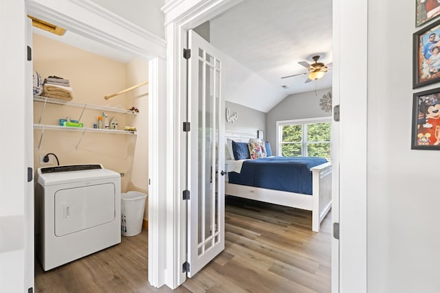 429 Sneaking Creek Dr, Hayesville, NC 28904 - laundry room with washer / clothes dryer, wood finished floors, and ceiling fan