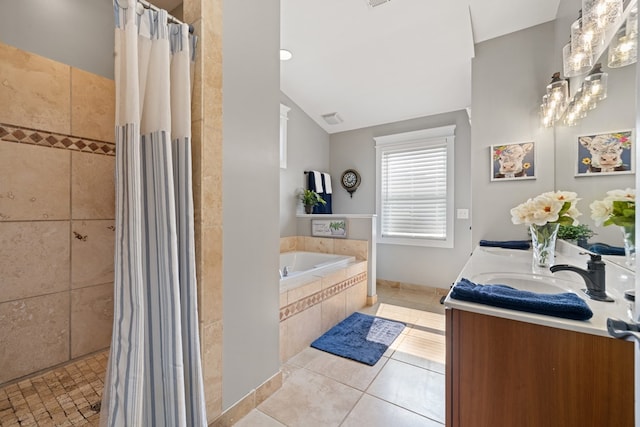 429 Sneaking Creek Dr, Hayesville, NC 28904 - full bath featuring a bath, double vanity, tile patterned floors, and tiled shower