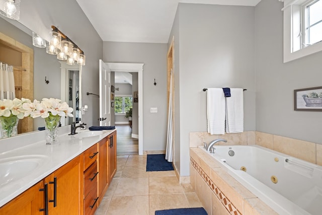 429 Sneaking Creek Dr, Hayesville, NC 28904 - bathroom with a jetted tub, double vanity, tile patterned flooring, baseboards, and a shower with shower curtain