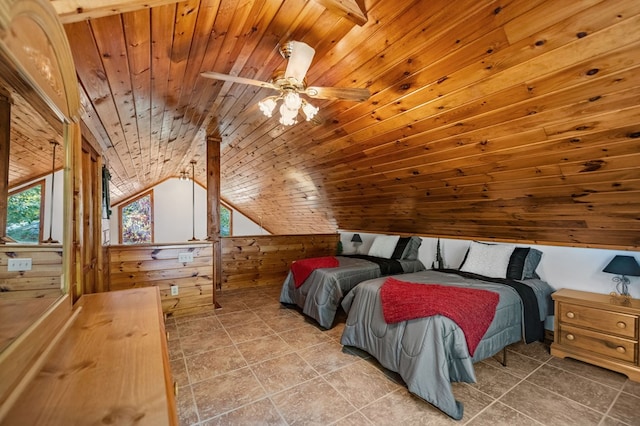 bedroom with wood walls, ceiling fan, wooden ceiling, and vaulted ceiling with beams