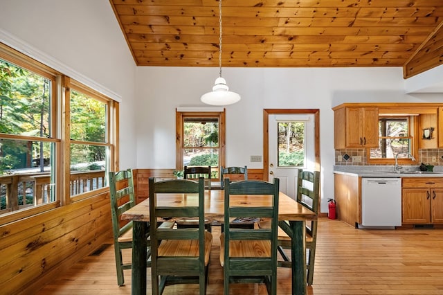 dining area with a healthy amount of sunlight, sink, and wood ceiling