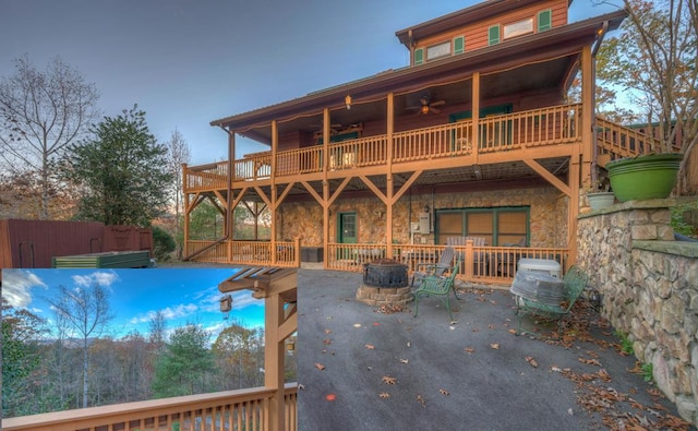 view of pool with ceiling fan and a patio