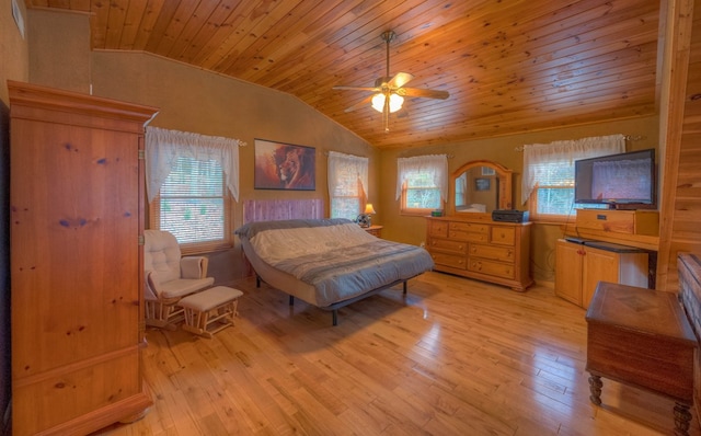 bedroom featuring light hardwood / wood-style flooring, multiple windows, ceiling fan, and wooden ceiling