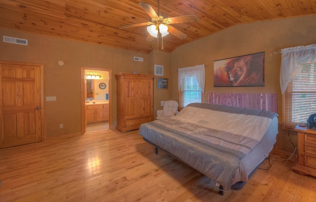 bedroom featuring wooden ceiling, ceiling fan, light hardwood / wood-style flooring, lofted ceiling, and connected bathroom