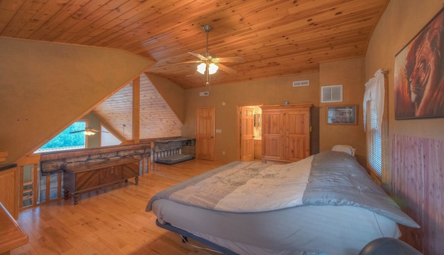 bedroom featuring ceiling fan, vaulted ceiling, wooden ceiling, and light hardwood / wood-style floors