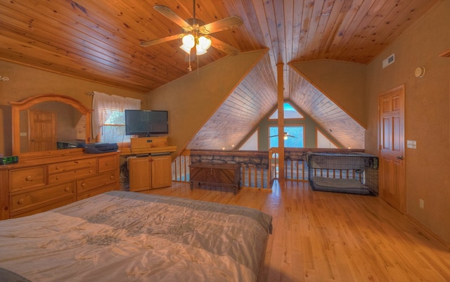 bedroom featuring lofted ceiling, wood ceiling, and light hardwood / wood-style flooring