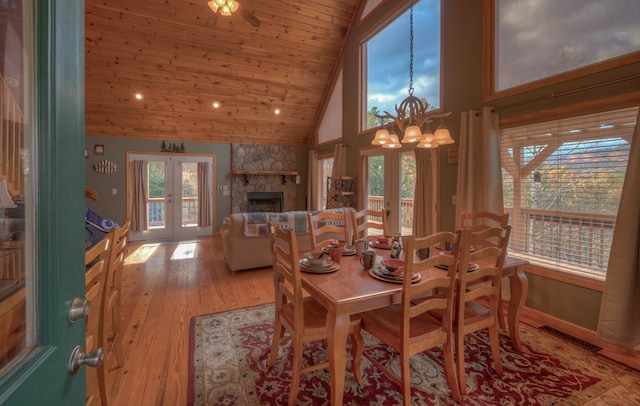 dining room with french doors, a fireplace, light wood-type flooring, wood ceiling, and an inviting chandelier