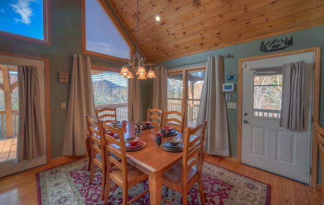 dining area with a chandelier, light wood-type flooring, lofted ceiling, and wooden ceiling