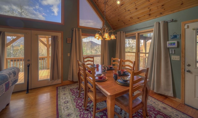 dining room with wooden ceiling, light hardwood / wood-style floors, lofted ceiling, a notable chandelier, and french doors