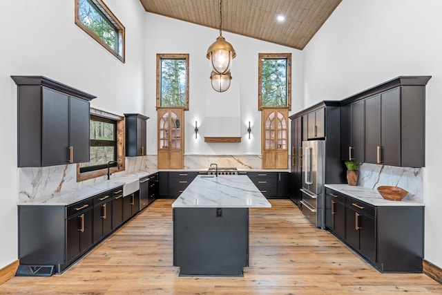 kitchen featuring stainless steel appliances, decorative light fixtures, wooden ceiling, a center island, and decorative backsplash