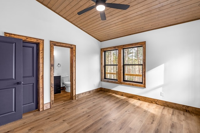 interior space featuring ceiling fan, lofted ceiling, wooden ceiling, and light wood-type flooring