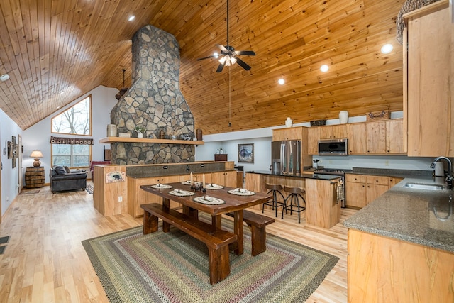 dining space with high vaulted ceiling, light wood finished floors, wood ceiling, and a ceiling fan