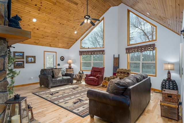 living area with baseboards, wood ceiling, high vaulted ceiling, and hardwood / wood-style floors