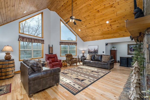 living area with high vaulted ceiling, wooden ceiling, wood finished floors, a ceiling fan, and baseboards