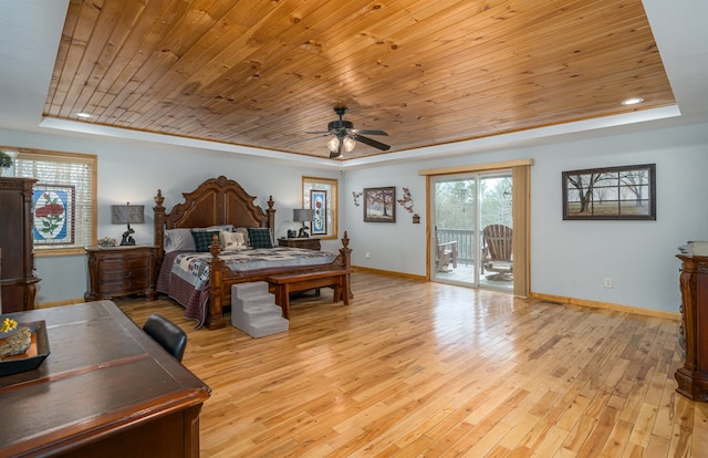 bedroom featuring wooden ceiling, access to outside, a raised ceiling, and light wood finished floors