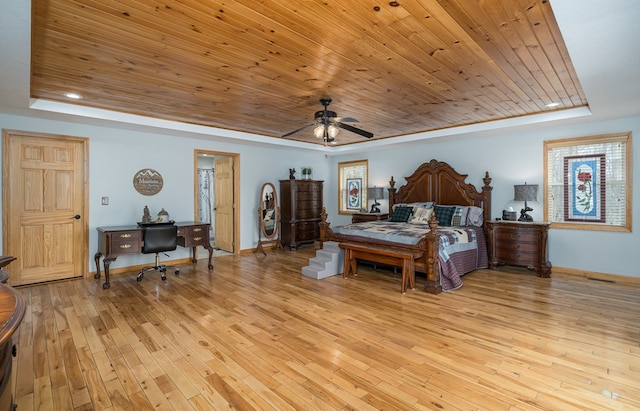 bedroom with a tray ceiling, wood ceiling, ceiling fan, light wood-type flooring, and baseboards