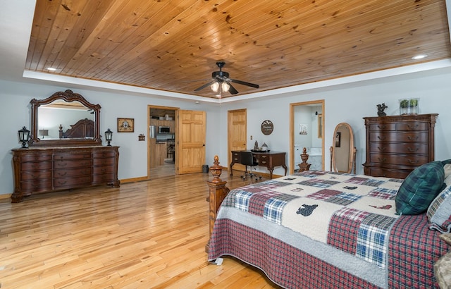 bedroom featuring a raised ceiling, hardwood / wood-style floors, ceiling fan, wooden ceiling, and baseboards