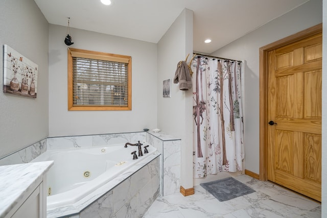 full bath featuring marble finish floor, a tub with jets, a shower with shower curtain, and recessed lighting