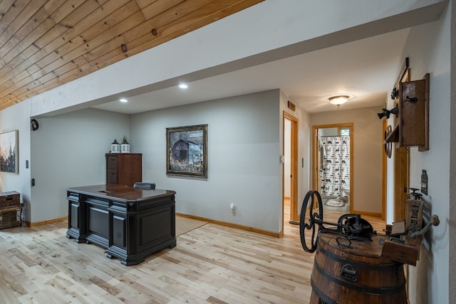 home office featuring wood ceiling, light wood-style flooring, baseboards, and recessed lighting