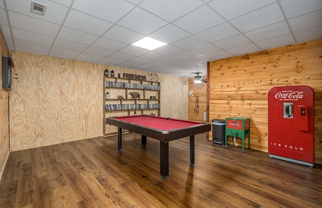 game room with wood walls, billiards, visible vents, and wood finished floors