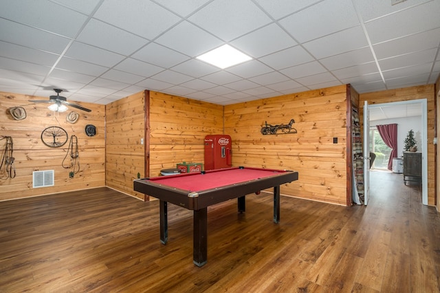 playroom featuring wood walls, visible vents, wood finished floors, and pool table