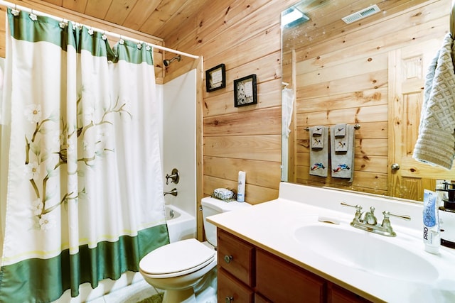 full bathroom with shower / bath combo, wood walls, toilet, vanity, and wood ceiling