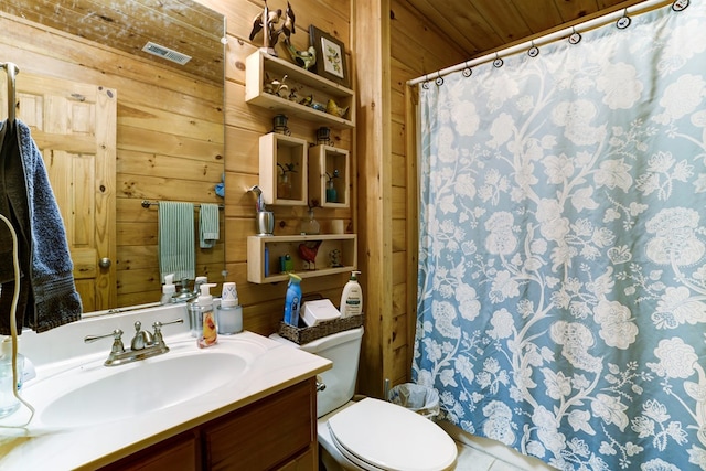 bathroom with vanity, toilet, wood ceiling, and wooden walls