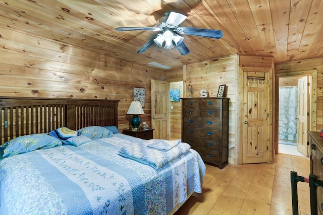 bedroom featuring wood ceiling, wooden walls, ceiling fan, and light hardwood / wood-style floors