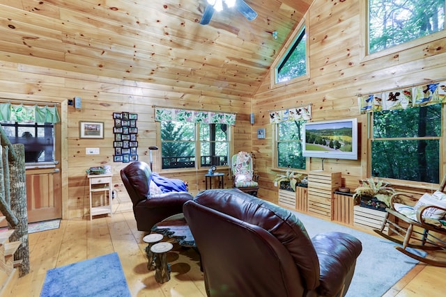 living room featuring light hardwood / wood-style flooring, high vaulted ceiling, wooden ceiling, and wood walls