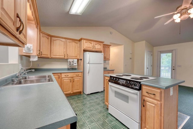 kitchen featuring vaulted ceiling, sink, light brown cabinets, white appliances, and ceiling fan