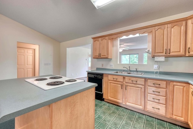 kitchen with light brown cabinets, tile patterned floors, vaulted ceiling, dishwasher, and sink