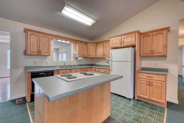 kitchen featuring a kitchen island, white appliances, dark colored carpet, and sink