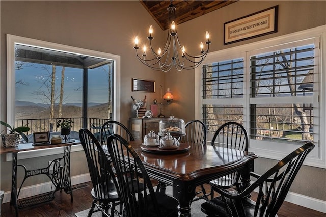 dining area with lofted ceiling, dark wood-style floors, baseboards, and an inviting chandelier