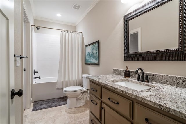 bathroom featuring visible vents, toilet, shower / bath combo with shower curtain, crown molding, and vanity