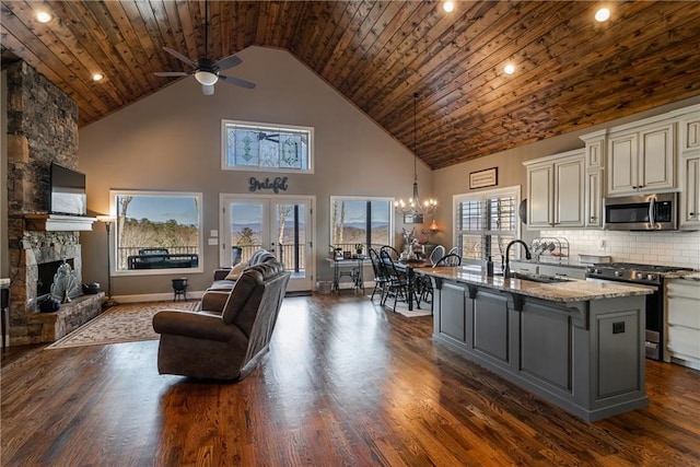 kitchen featuring an island with sink, open floor plan, light stone countertops, stainless steel appliances, and a sink