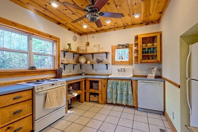 kitchen with white appliances, light tile patterned floors, wood ceiling, brown cabinets, and open shelves