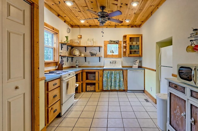 kitchen featuring open shelves, a ceiling fan, wood ceiling, light tile patterned flooring, and white appliances