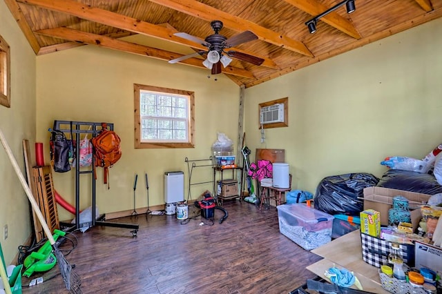 rec room featuring a ceiling fan, lofted ceiling with beams, wood ceiling, wood finished floors, and a wall mounted AC