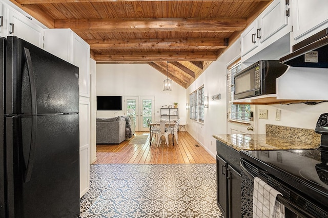 147 Hester Gap Rd, Cleveland, GA 30528 - kitchen featuring black appliances, wooden ceiling, white cabinets, under cabinet range hood, and light tile patterned flooring
