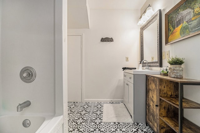 147 Hester Gap Rd, Cleveland, GA 30528 - bathroom featuring vanity, tile patterned flooring, bathing tub / shower combination, and baseboards